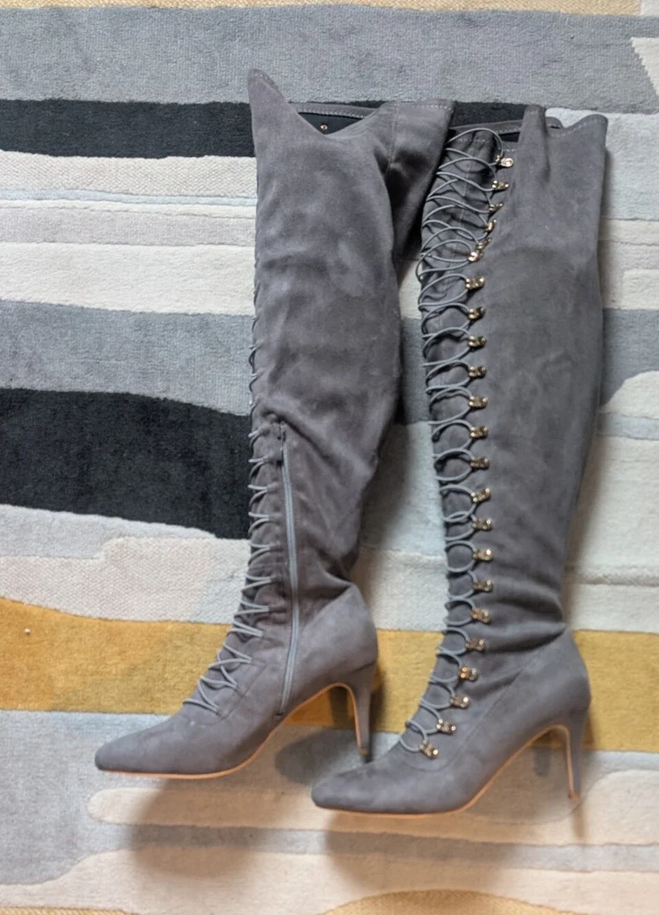 Gray Lace-Up Over-the-Knee Heeled Boots